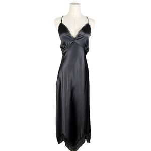 Miss Selfridge Black Satin Slip Dress Lace Hem Crisscross Back Sexy Coquette 12